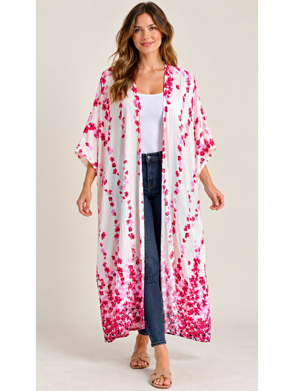 Umgee Women’s M/L White Pink Red Floral Open Front Lightweight Rayon Kimono